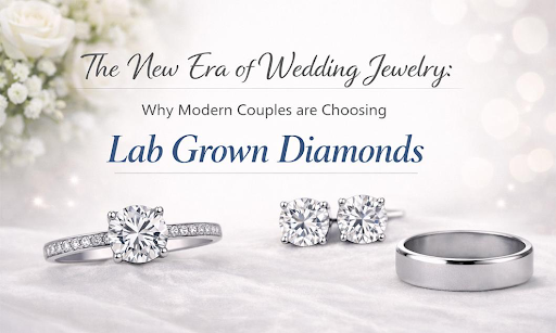 Lab grown diamond wedding ring, diamond stud earrings, and wedding band banner for iBling Jewels and Dvik Jewels wedding jewelry collection.